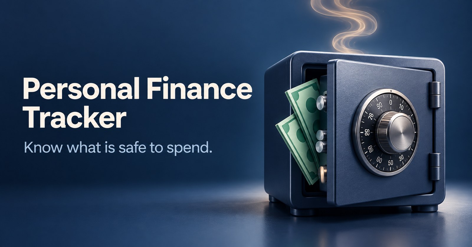 Personal Finance Tracker. Know what is safe to spend. Money in a navy safe, with a curl of smoke.